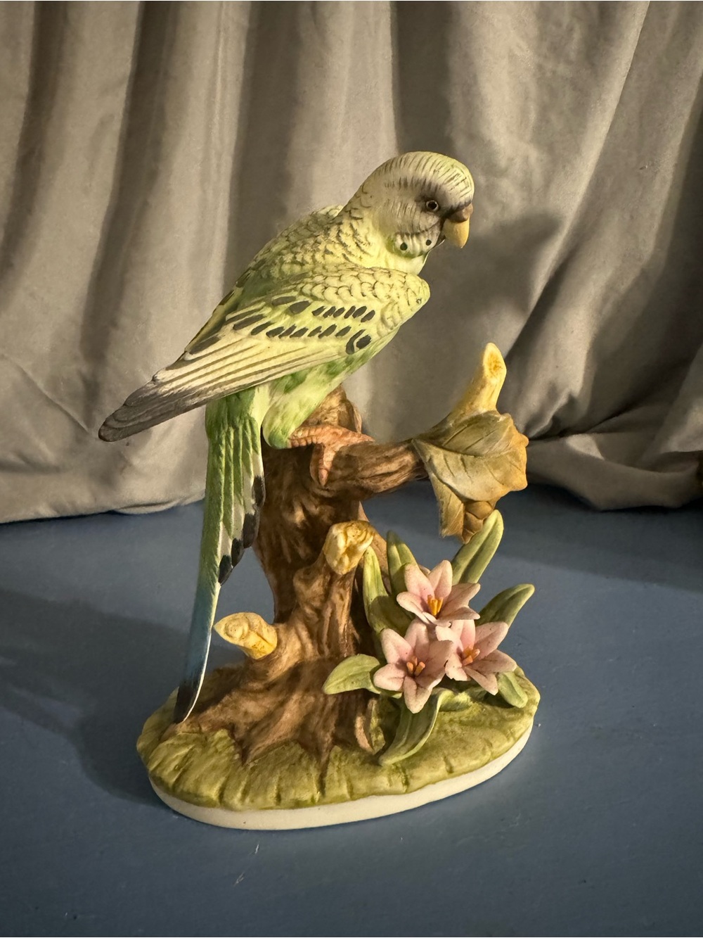 Andrea By Sadek Green Parakeet Figurine with Pink Flowers